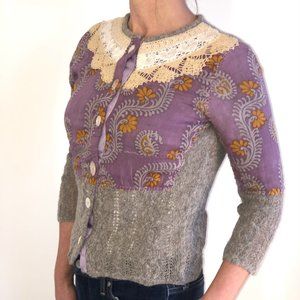 Free People Size XS cardigan sweater grey with purple & orange wool.